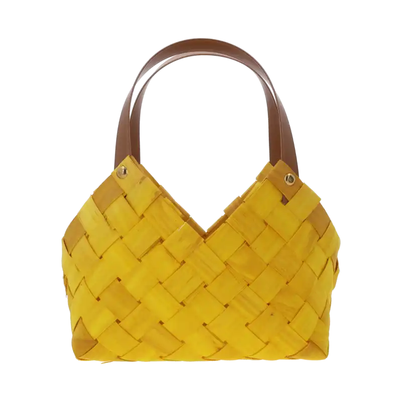 Żółta torba dekoracyjna 24x15x23 cm z naturalnych materiałów. Estetyczna osłonka na kwiaty z wygodnymi uchwytami w stylu boho.