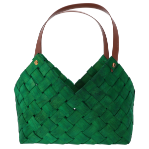 Zielona torba z łuby o wymiarach 30x27x19 cm z wygodnymi rączkami. Naturalny materiał i pleciona struktura sprawiają, że to idealna osłonka na kwiaty lub dekoracja prezentowa do wnętrz.