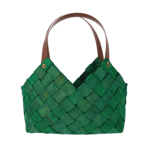 Zielona torba z łuby o wymiarach 24x23x15 cm z brązowymi uszami. Estetyczna osłonka na rośliny lub dekoracja prezentowa.