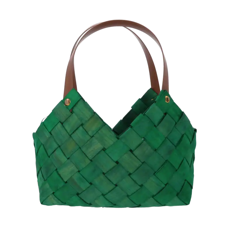 Zielona torba z łuby o wymiarach 24x23x15 cm z brązowymi uszami. Estetyczna osłonka na rośliny lub dekoracja prezentowa.