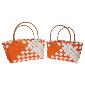 Zestaw dwóch pomarańczowych toreb dekoracyjnych o wysokości 37 cm z uszami z ekoskóry, idealnych do aranżacji wnętrz boho.