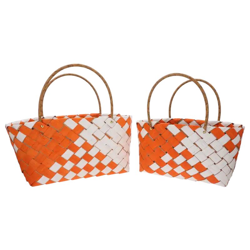 Zestaw dwóch pomarańczowych toreb dekoracyjnych o wysokości 37 cm z uszami z ekoskóry, idealnych do aranżacji wnętrz boho.