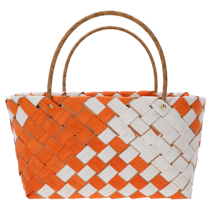 Pomarańczowa torba dekoracyjna o wymiarach 37x20x35 cm z plecionej tekstury. Praktyczny dodatek z naturalnych surowców z wygodnymi uchwytami, idealny jako osłonka na rośliny w stylu boho.
