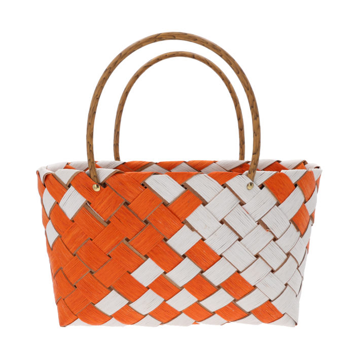 Pomarańczowa torba dekoracyjna 35x15x33 cm z naturalnych materiałów z wygodnymi uchwytami, idealna do aranżacji wnętrz i kwiaciarni.