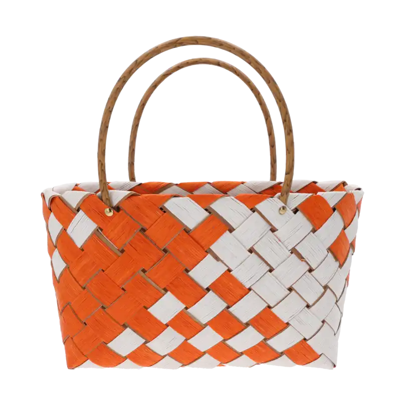 Pomarańczowa torba dekoracyjna 35x15x33 cm z naturalnych materiałów z wygodnymi uchwytami, idealna do aranżacji wnętrz i kwiaciarni.