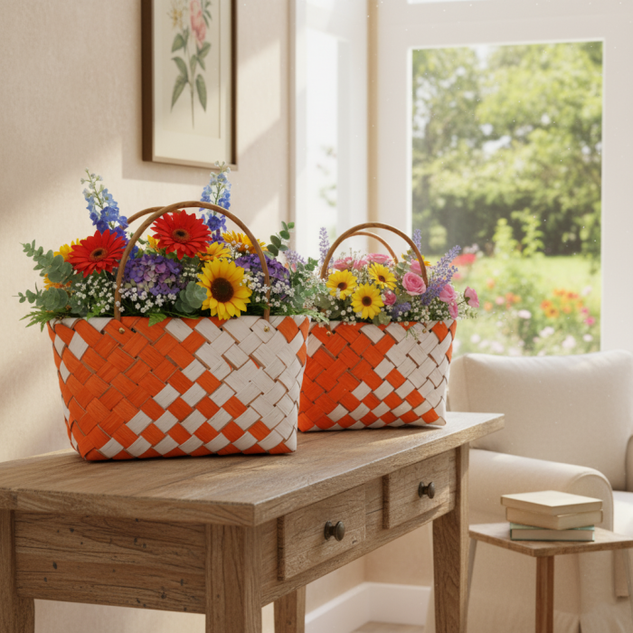 Dekoracyjna torba pomarańczowa 35x15x33 cm to praktyczna i efektowna osłonka wykonana z naturalnych materiałów. Świetnie sprawdzi się do roślin, stroików i prezentów. Lekka, modna i funkcjonalna. Idealna do domu, biura i kwiaciarni.