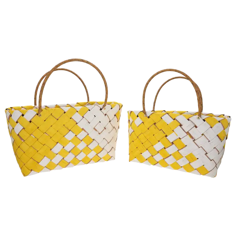 Dwie żółte torby dekoracyjne w rozmiarach 37 cm i 35 cm, wykonane z naturalnych materiałów z uchwytami z ekoskóry. Idealne jako lekkie osłonki roślinne.