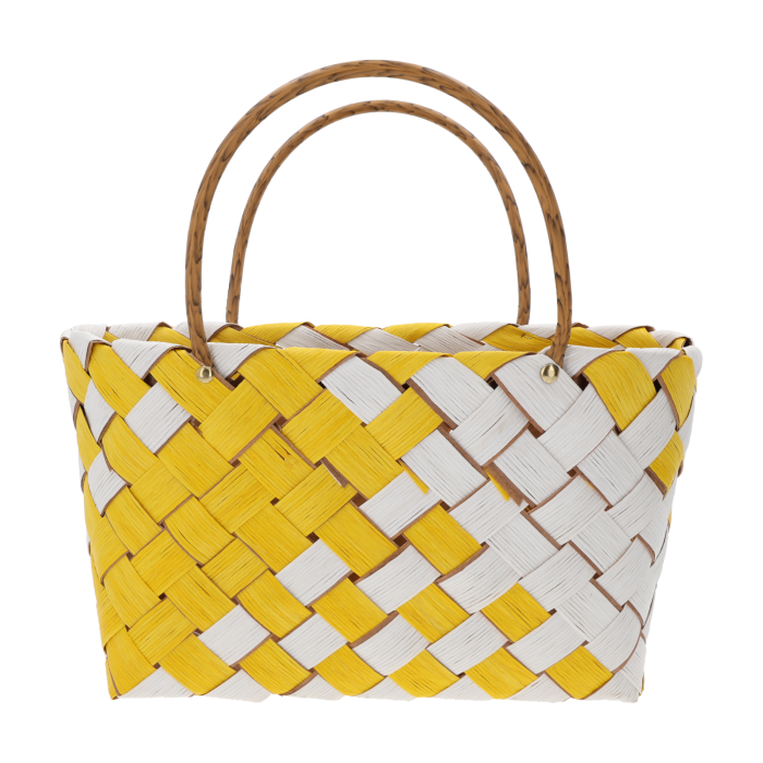 Żółta torba dekoracyjna 35x15x33 cm to naturalna osłonka idealna do roślin doniczkowych, ziół i kompozycji florystycznych. Lekka, estetyczna i wyposażona w wygodne uszy. Doskonała jako dekoracja wnętrz i torebka prezentowa.