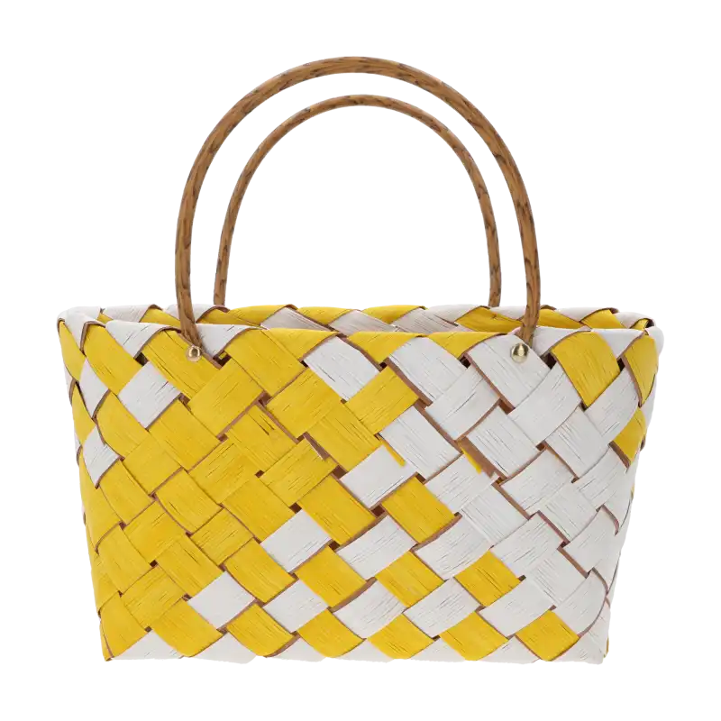Żółta torba dekoracyjna 35x15x33 cm wykonana z naturalnych surowców, z wygodnymi uszami do łatwego przenoszenia.