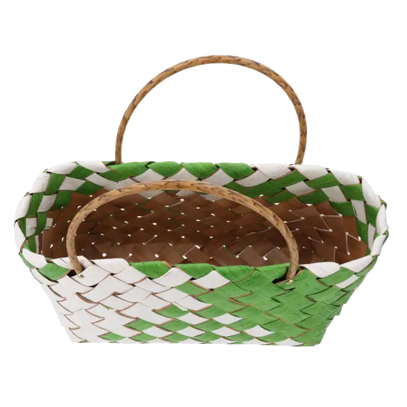 Pusta torba dekoracyjna o wymiarach 37x20x35 cm z widocznym wnętrzem i uchwytami, wykonana z plecionych naturalnych materiałów.