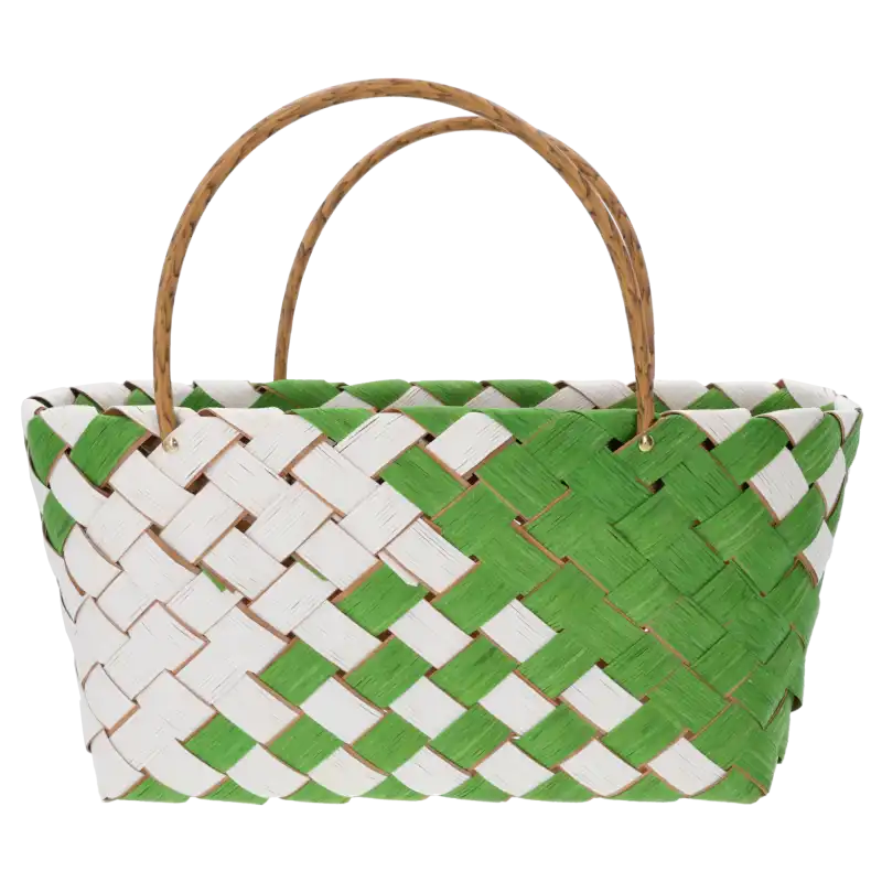 Zielono-biała torba dekoracyjna o wymiarach 37x20x35 cm wykonana z naturalnych surowców, z wygodnymi rączkami, idealna jako osłonka na doniczkę.