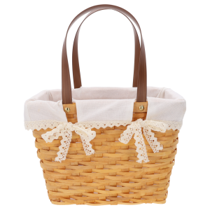 Naturalny kosz z łuby z wyjmowanym materiałem o wymiarach 42x31x19 cm. Posiada dwie rączki i ozdobne kokardki z koronki.