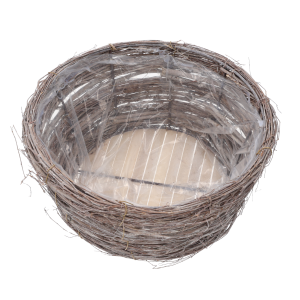 Okrągła osłonka z patyków o średnicy 30 cm, wykonana z naturalnego drewna z kory, z widoczną folią ochronną wewnątrz.