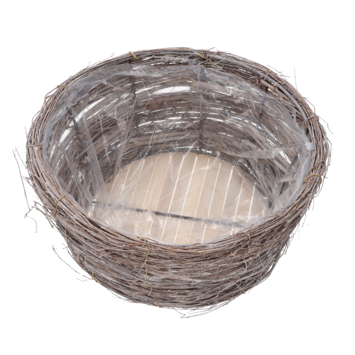Okrągła osłonka z patyków o średnicy 30 cm, wykonana z naturalnego drewna z kory, z widoczną folią ochronną wewnątrz.