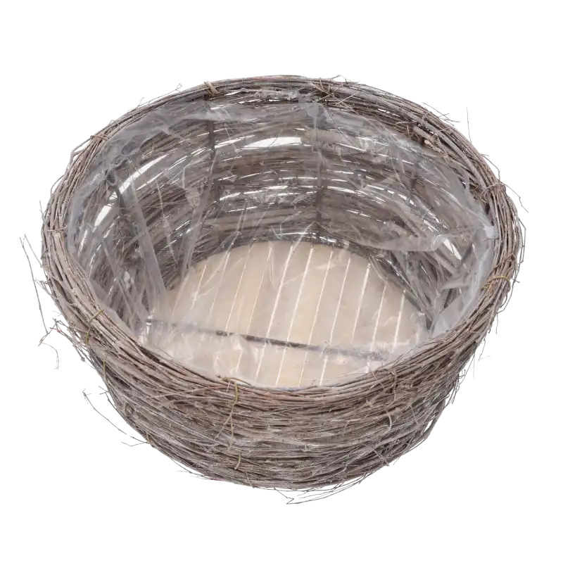 Okrągła osłonka z patyków o średnicy 30 cm, wykonana z naturalnego drewna z kory, z widoczną folią ochronną wewnątrz.