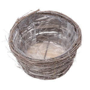 Okrągła osłonka z patyków o średnicy 22 cm. Ręcznie pleciona z naturalnych materiałów, posiada folię ochronną wewnątrz, idealna do mniejszych roślin i kompozycji florystycznych.