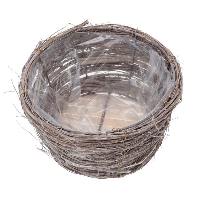 Okrągła osłonka z patyków o średnicy 22 cm. Ręcznie pleciona z naturalnych materiałów, posiada folię ochronną wewnątrz, idealna do mniejszych roślin i kompozycji florystycznych.