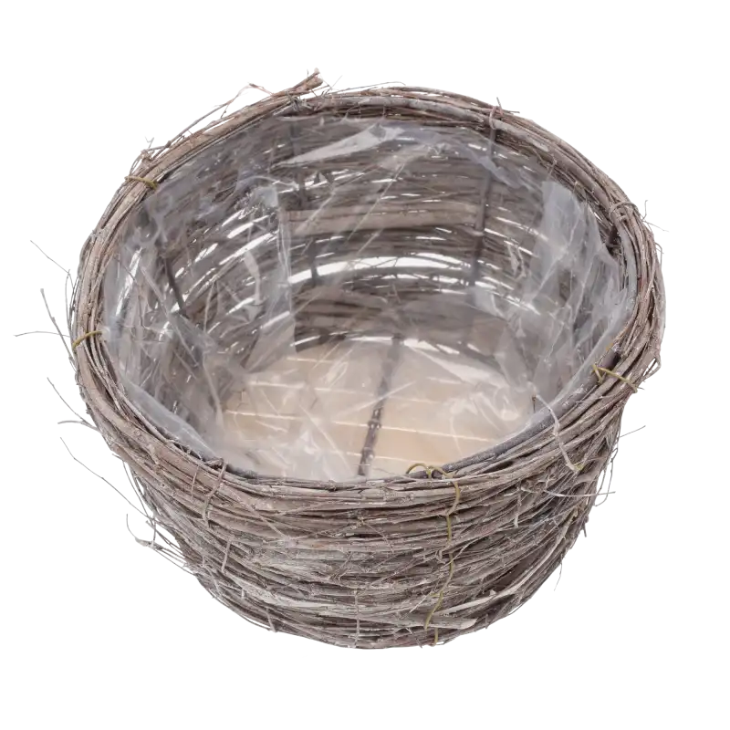 Okrągła osłonka z patyków o średnicy 22 cm. Ręcznie pleciona z naturalnych materiałów, posiada folię ochronną wewnątrz, idealna do mniejszych roślin i kompozycji florystycznych.