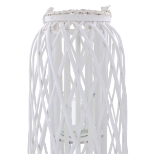 Detale konstrukcyjne lampionu z naturalnej wikliny, skupiające się na widocznym wnętrzu z przezroczystym szklanym wkładem o średnicy 10 cm.