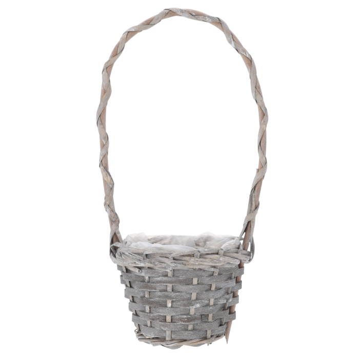 Szary koszyk z rączką o wysokości 33 cm, wykonany z wikliny. Posiada folię ochronną wewnątrz. Produkt typu kosze kwiatowe.