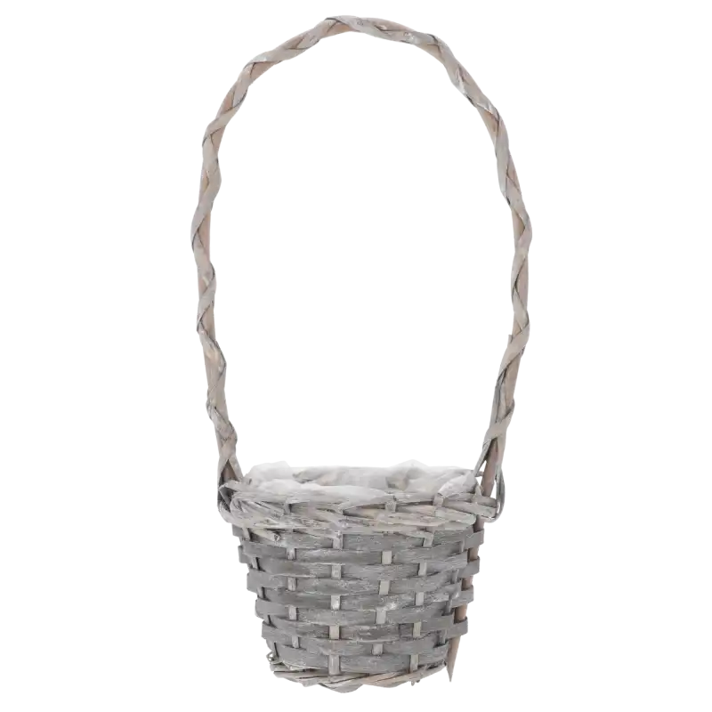 Szary koszyk z rączką o wysokości 33 cm, wykonany z wikliny. Posiada folię ochronną wewnątrz. Produkt typu kosze kwiatowe.