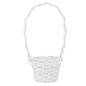 Pusty biały koszyk z rączką o wysokości 33 cm, wykonany z wikliny. Elegancki dodatek do kompozycji kwiatowych.