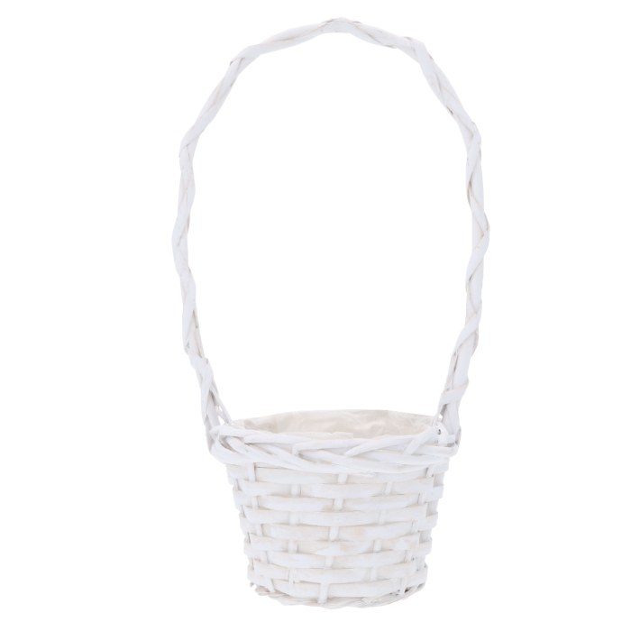 Pusty biały koszyk z rączką o wysokości 33 cm, wykonany z wikliny. Elegancki dodatek do kompozycji kwiatowych.
