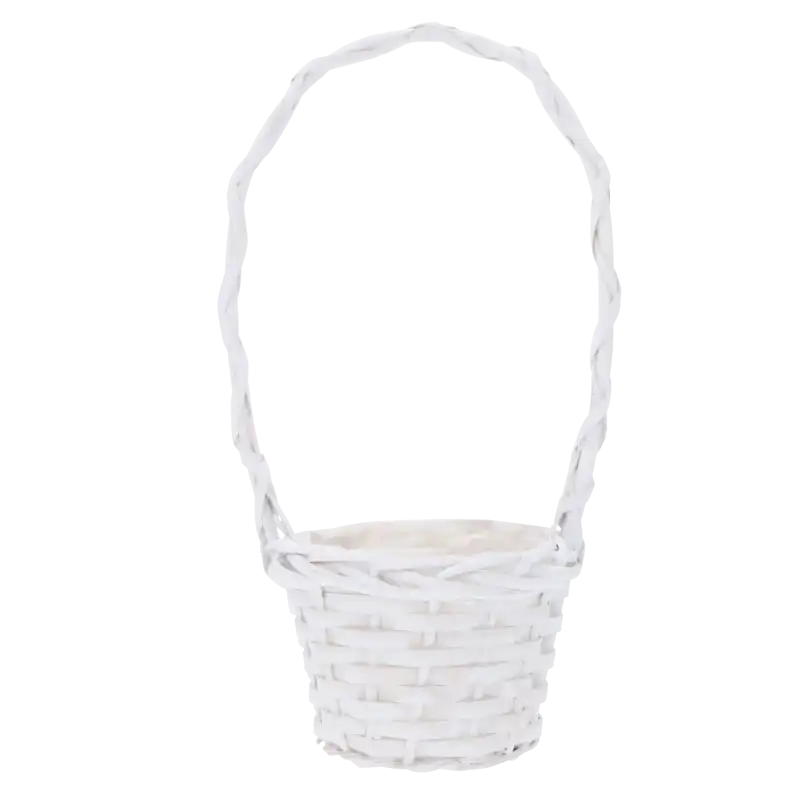 Pusty biały koszyk z rączką o wysokości 33 cm, wykonany z wikliny. Elegancki dodatek do kompozycji kwiatowych.