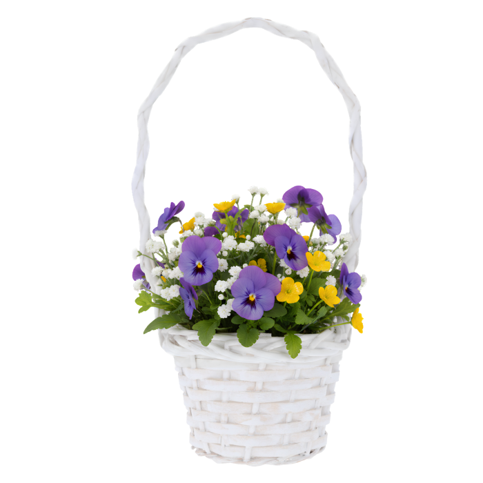 Biały koszyk z wikliny wypełniony kolorowymi bratkami i gipsówką. Dekoracja kwiatowa o wysokości 33 cm.