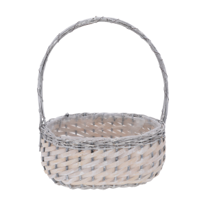 Szaro-biały koszyk wiklinowy o wymiarach 31x19 cm z wygodną rączką i folią ochronną wewnątrz, idealny jako baza na kosze kwiatowe lub rośliny.