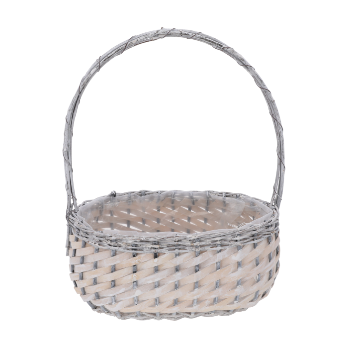 Szaro-biały koszyk wiklinowy o wymiarach 31x19 cm z wygodną rączką i folią ochronną wewnątrz, idealny jako baza na kosze kwiatowe lub rośliny.