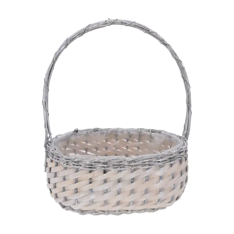 Szaro-biały koszyk wiklinowy o wymiarach 31x19 cm z wygodną rączką i folią ochronną wewnątrz, idealny jako baza na kosze kwiatowe lub rośliny.