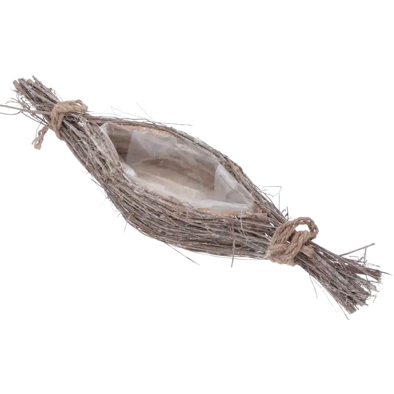 Naturalna osłonka łódka z patyków o długości 70 cm. Dekoracja posiada wydłużony kształt i folię ochronną wewnątrz, idealną do kompozycji roślinnych.