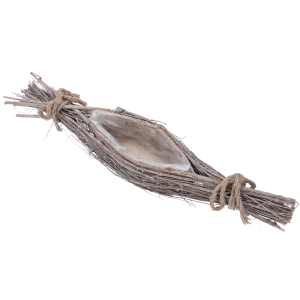 Osłonka łódka z patyków 60 cm o naturalnym rustykalnym wyglądzie. Podłużny kształt z folią ochronną, idealny do kompozycji florystycznych.