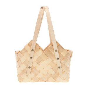 Naturalna torba dekoracyjna o wymiarach 25x15x34 cm z plecionego surowca. Posiada dwa uchwyty i ozdobne ćwieki. Idealna jako osłonka lub koszyk.