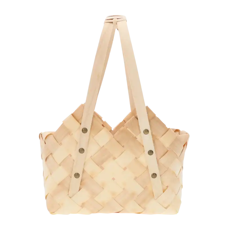 Naturalna torba dekoracyjna o wymiarach 25x15x34 cm z plecionego surowca. Posiada dwa uchwyty i ozdobne ćwieki. Idealna jako osłonka lub koszyk.