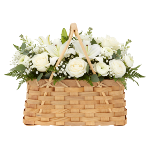 Torba dekoracyjna 23x15x24 cm wypełniona bukietem białych róż i lilii, stanowiąca elegancką bazę do kompozycji florystycznych.