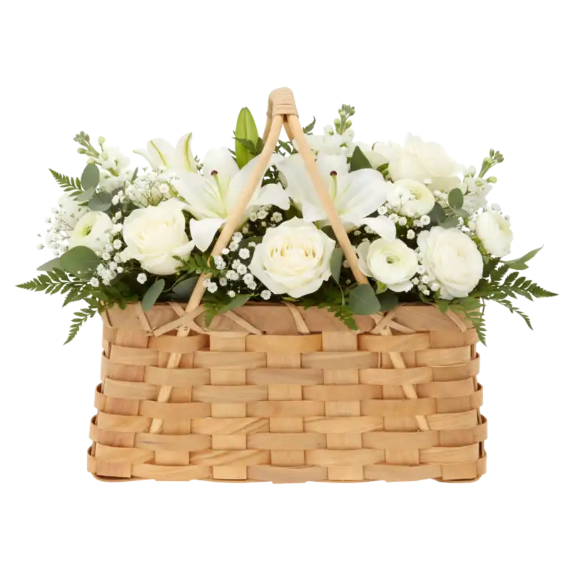 Torba dekoracyjna 23x15x24 cm wypełniona bukietem białych róż i lilii, stanowiąca elegancką bazę do kompozycji florystycznych.