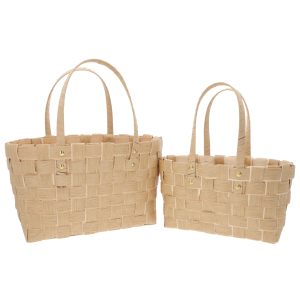 Komplet dwóch kawowych toreb dekoracyjnych o wymiarach 38 cm i 33 cm. Naturalne osłonki z wygodnymi uszami do aranżacji wnętrz i prezentów.