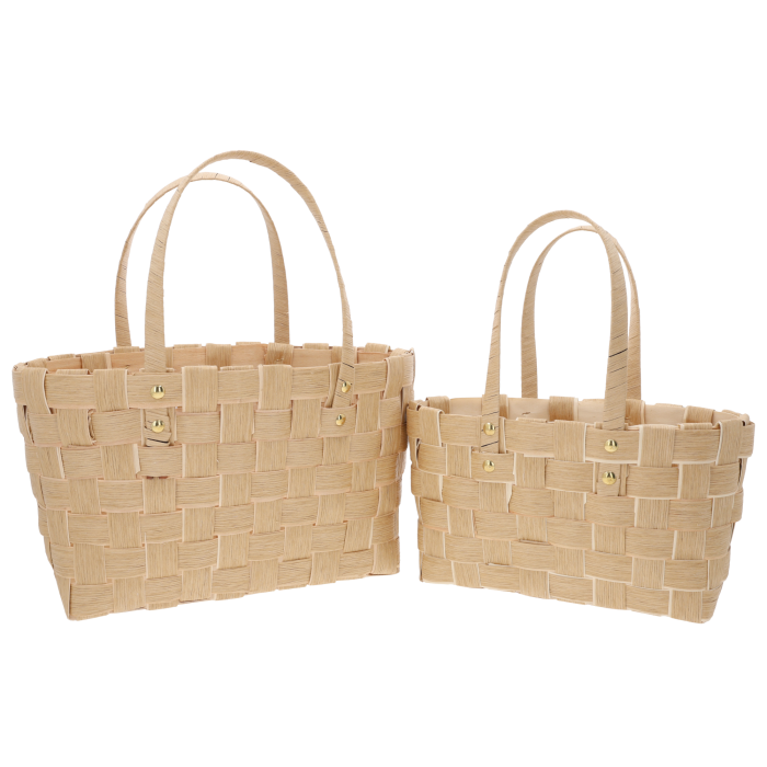 Komplet dwóch kawowych toreb dekoracyjnych o wymiarach 38 cm i 33 cm. Naturalne osłonki z wygodnymi uszami do aranżacji wnętrz i prezentów.