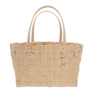 Kawowa torba dekoracyjna o wymiarach 35x20 cm z wygodnymi uszami. Naturalny dodatek w jasnym kolorze, idealny jako osłonka na doniczkę lub kosz prezentowy.