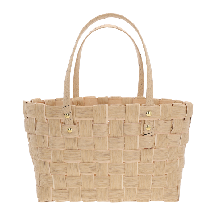 Kawowa torba dekoracyjna o wymiarach 35x20 cm z wygodnymi uszami. Naturalny dodatek w jasnym kolorze, idealny jako osłonka na doniczkę lub kosz prezentowy.