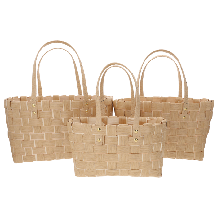 Zestaw trzech kawowych toreb dekoracyjnych o wymiarach 42 cm, 38 cm oraz 35 cm wykonanych z naturalnych surowców. Eleganckie kosze z wygodnymi uszami do aranżacji wnętrz, kwiatów i prezentów.