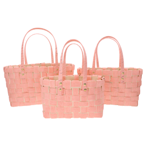 Komplet trzech różowych toreb dekoracyjnych o wysokości 42 cm i 38 cm wykonanych z naturalnych surowców, widocznych w ujęciu frontalnym.
