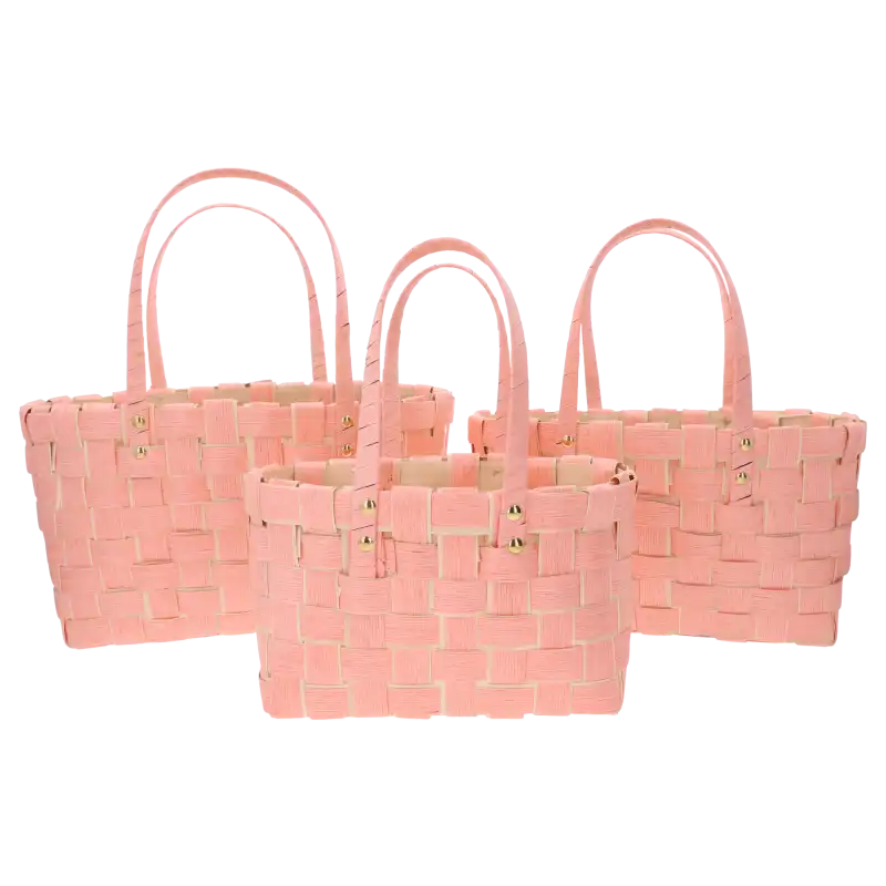Komplet trzech różowych toreb dekoracyjnych o wysokości 42 cm i 38 cm wykonanych z naturalnych surowców, widocznych w ujęciu frontalnym.