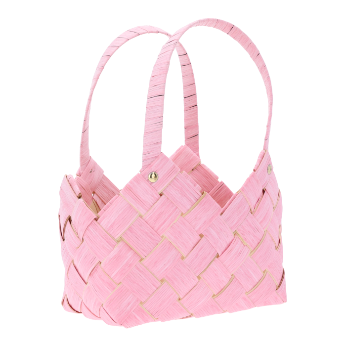 Różowa torba dekoracyjna o wymiarach 25x15 cm. Pleciony model z wygodnymi uszami, idealny jako osłonka lub prezent.