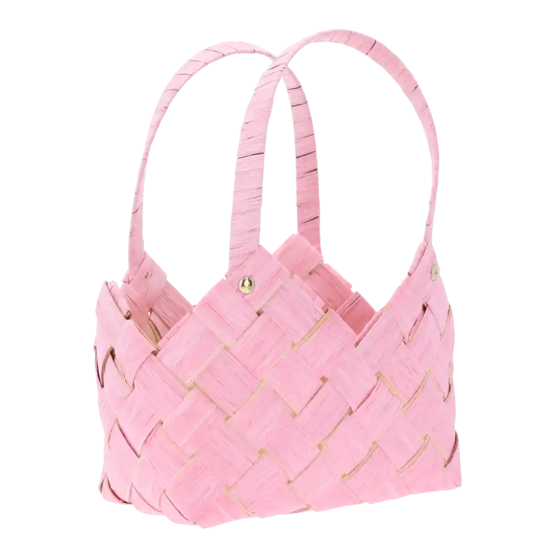 Różowa torba dekoracyjna o wymiarach 25x15 cm. Pleciony model z wygodnymi uszami, idealny jako osłonka lub prezent.