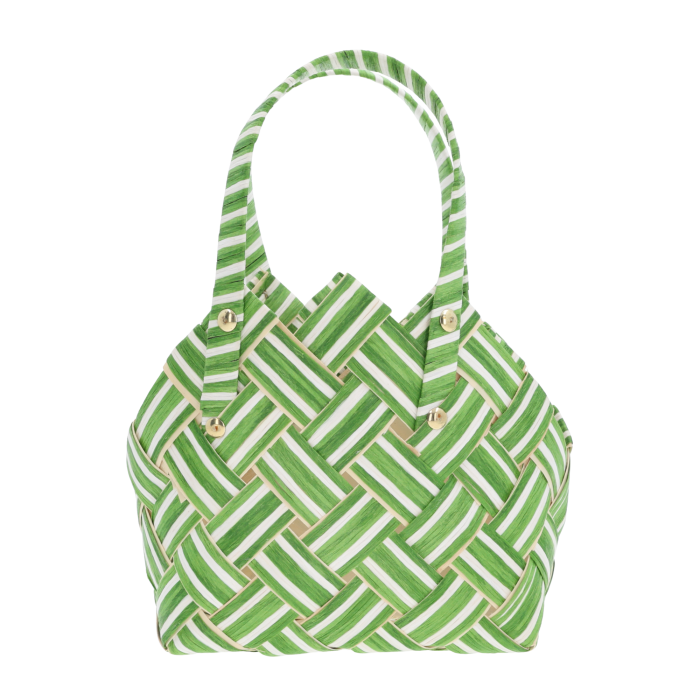 Zielona torba dekoracyjna 20x10 cm o plecionej strukturze z wygodnymi uszami. Estetyczny dodatek w naturalnym stylu.