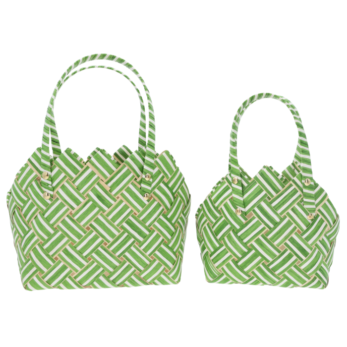 Komplet dwóch zielonych toreb dekoracyjnych z naturalnych surowców o wysokości 34 cm i 28 cm z wygodnymi uszami.