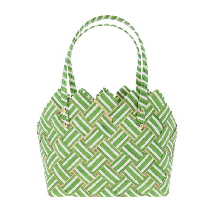 Zielona torba dekoracyjna 28x15 cm o plecionej fakturze z białymi paskami i wygodnymi uchwytami. Estetyczny dodatek do wnętrz.